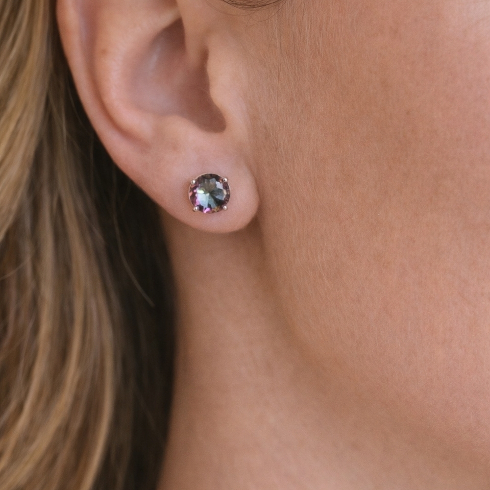 Mystic Topaz Stud Earrings • 925 Sterling Silver • Rainbow Fire Gemstone, 6mm